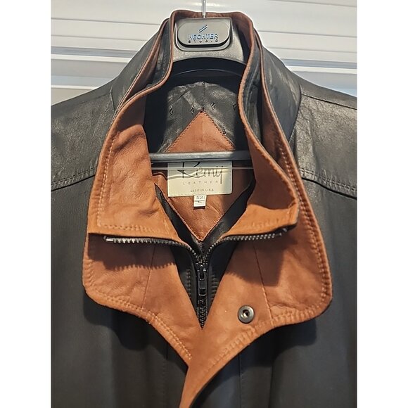 $1895 REMY Leather 52L long Mens Double Collar Bomber Jacket Black brown coat - Picture 2 of 11